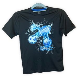 Youth short sleeve t-shirt, black, blue sports logos, size large 10-12